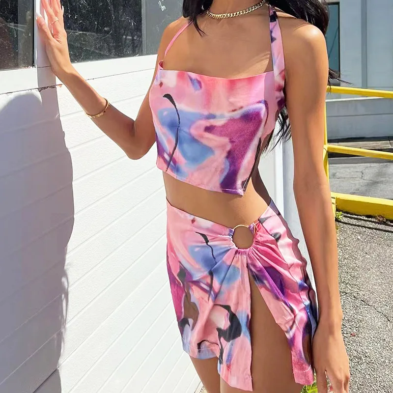 

Casual Tie-Dye Print 2 Pieces Suits Women Chic Tie-Up Halter Neck Backless Crop Tank Tops+Mini Slit Skirts Party Casual Outfit