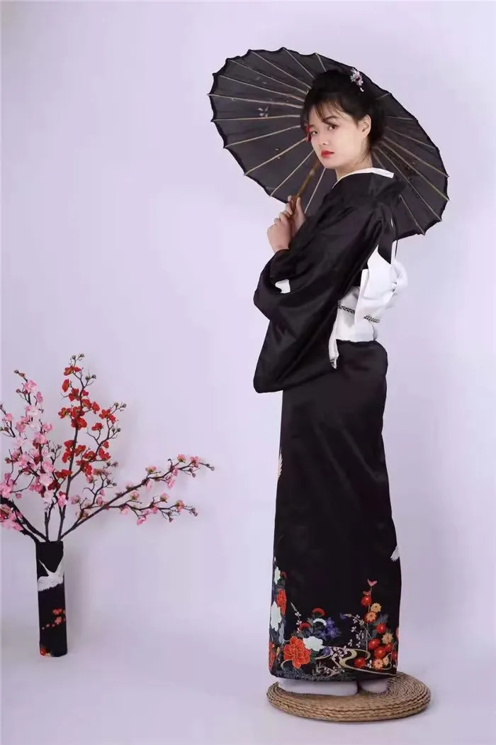 Japanese Traditional Ladies Kimono Black Stay Sleeve Positioning Crane Handle Wrinkle-resistant Fabric Vintage Travel