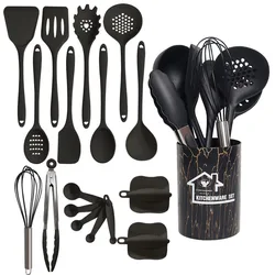 Elegant Pink Silicone Kitchenware Set - 18-Piece Cooking Tool Collection (Black)