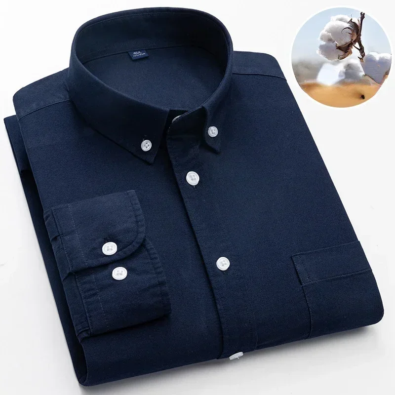 

New Autumn Oxford Long Sleeve Business Dress Shirt Men Loose Korean Handsome Casual Blue White Striped Shirt 100% Cotton