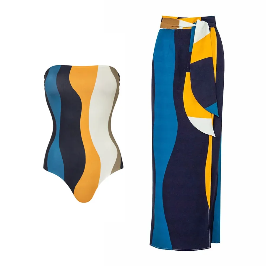 2023 New Fashion Printed One-piece Swimsuit Women's Beach Bikini Suit Skirt Vintage Swimwear Beach Dress Beachwear Cover-up
