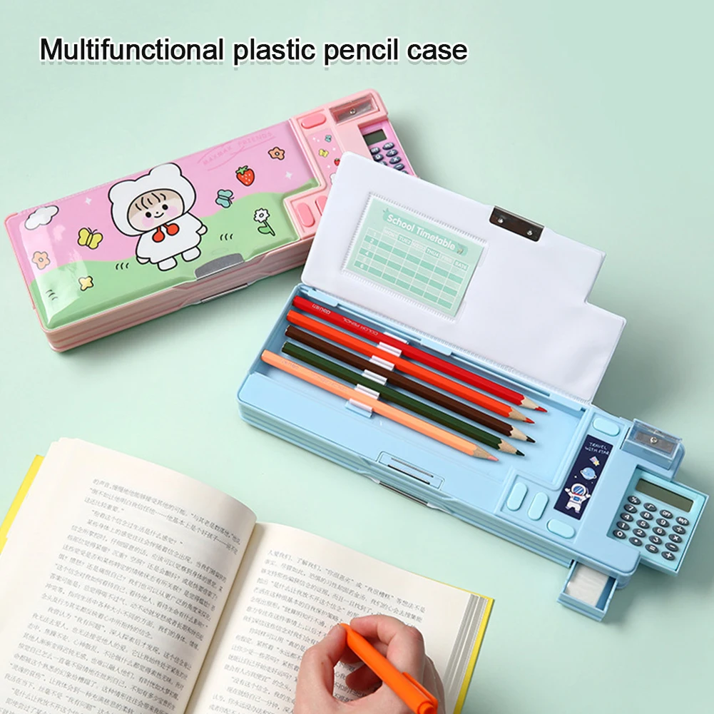 Creative Multi-functional Plastic Stationery Box for Primary School Students Double-sided Magnetic Pencil Calculator Sharpener