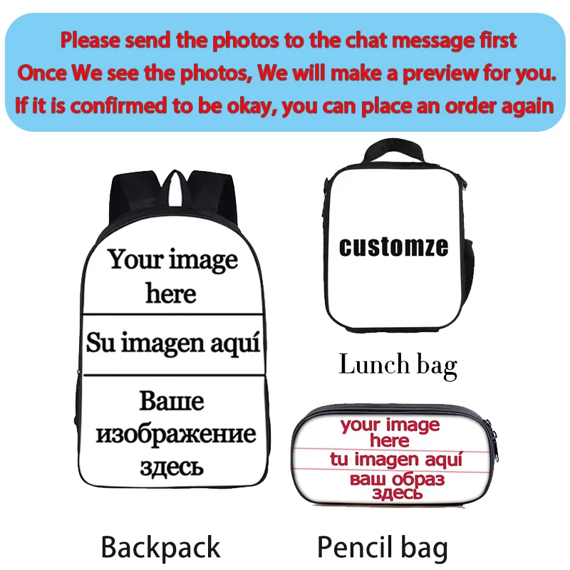 Customize Your Logo/ Name/ Image Backpack 3pcs/Set Children Pencil Bag Messenger Bags Portable Lunch Bag Boys Girls BookBag