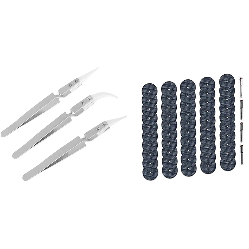 3 Pcs Antistatic Ceramic Tweezers Inverted Tweezers & 50 Pcs 32Mm Fiberglass Reinforced Cutting