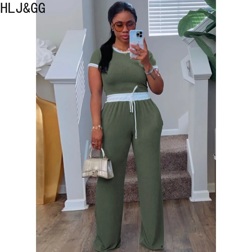 HLJ&GG Spring New Color Splicing Drawstring Pants Two Piece Sets Women Round Neck Short Sleeve Crop Top + Pants Outfits Clothing
