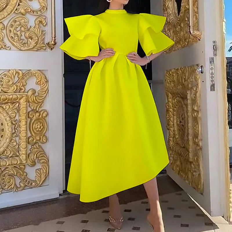 Summer Clothes for Women Solid Color Round Neck Patchwork Double-deck Ruffle Half Sleeve Zipper Plus Size Elegant Party Dress