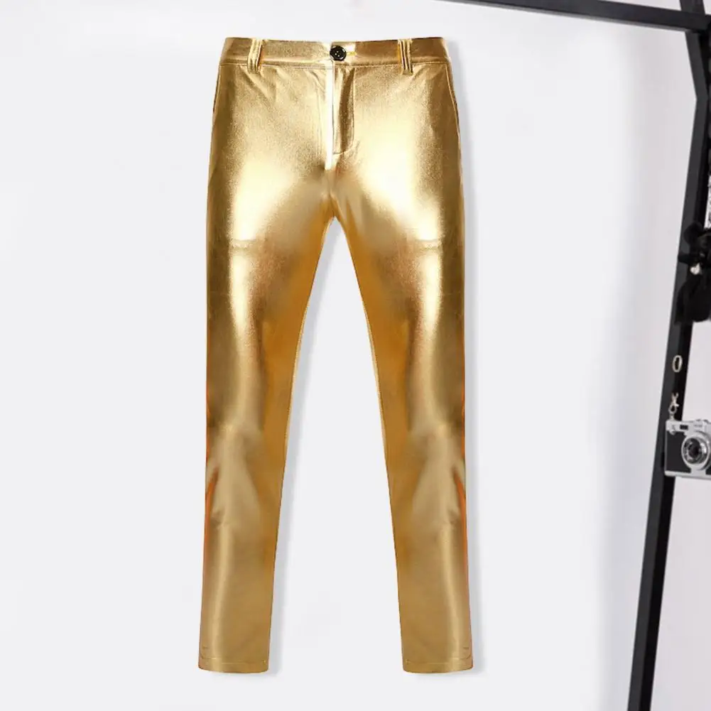 Men Trousers Motorcycle PU Leather Pants Men Brand Shiny Gold Coated Metallic Pants Trousers Nightclub Stage Perform for Singers men trousers leather pants