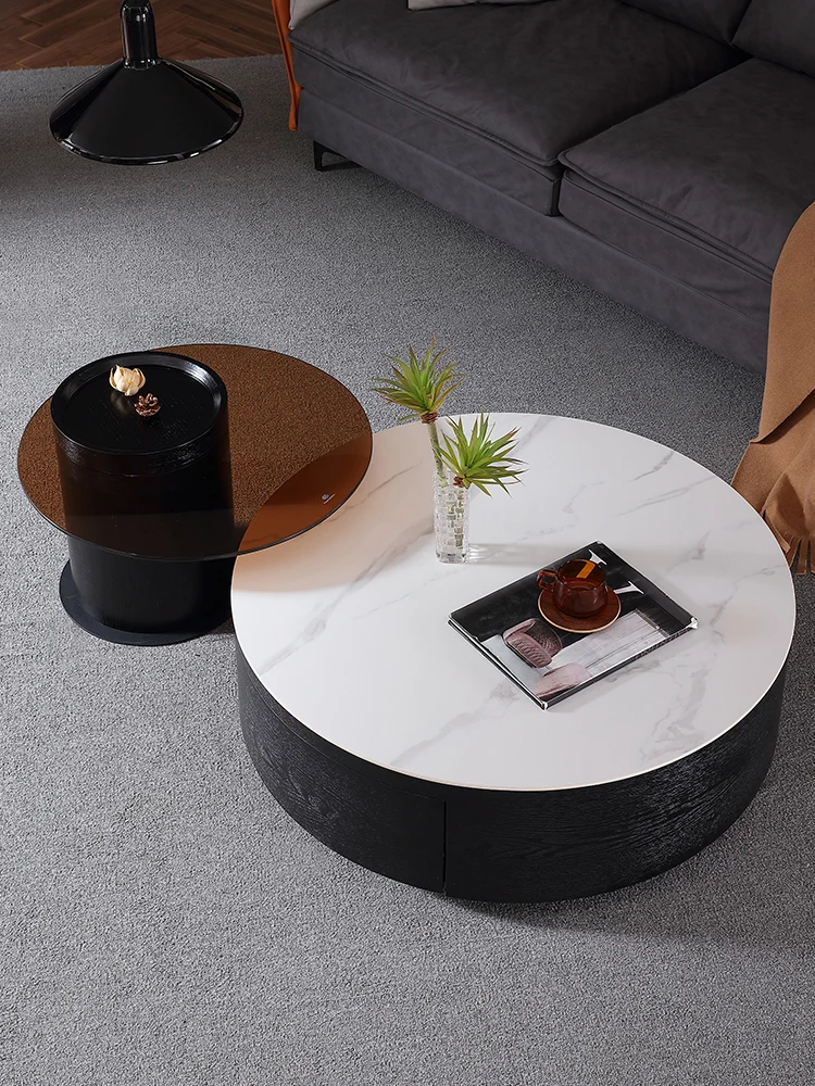 

Rock plate round tea table light luxury modern simple size round combination Italian minimalist living room receives quiet wind