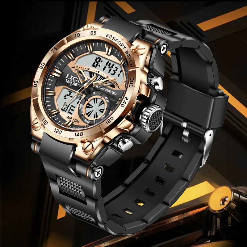 

LIGE Casual Sports Silicone Watch For Man Top Luxury Men Quartz Wristwatches Military Waterproof Alarm Clock Dual Display Watch