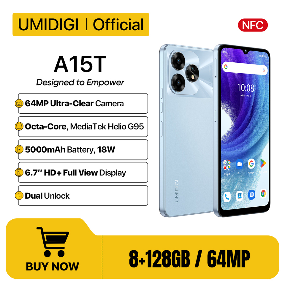 UMIDIGI A15T Smartphone Android 13 MTK Helio G95 Octa-Core Ultra-Slim 6.7ââ HD+ 8+8GB 128GB 64MP 5000mAh Battery Hotkey NFC AGPS
