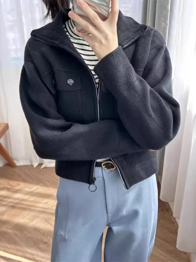 

Женский кардиган на молнии с высоким воротником и длинным рукавом, повседневный весенний женский вязаный свитер 2024