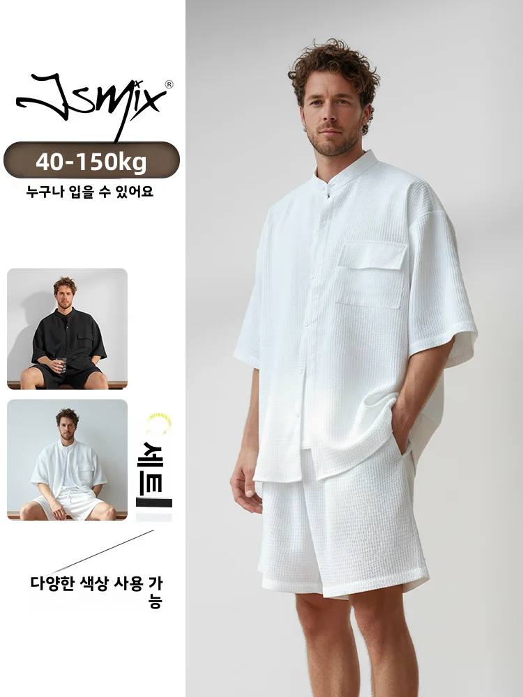Jsmix 남성용 블랙 깅엄 셔츠 반바지 세트 대형 사이즈 봄 여름 얇은 투피스 슈트 캐주얼 스포츠웨어 폴리에스테르 섬유