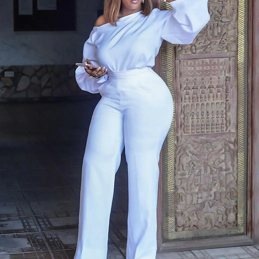 Temperament Commuting High Waist Wide Leg Long Pants Cow Oblique Shoulder Long Sleeve European and American jumpsuit Large Women