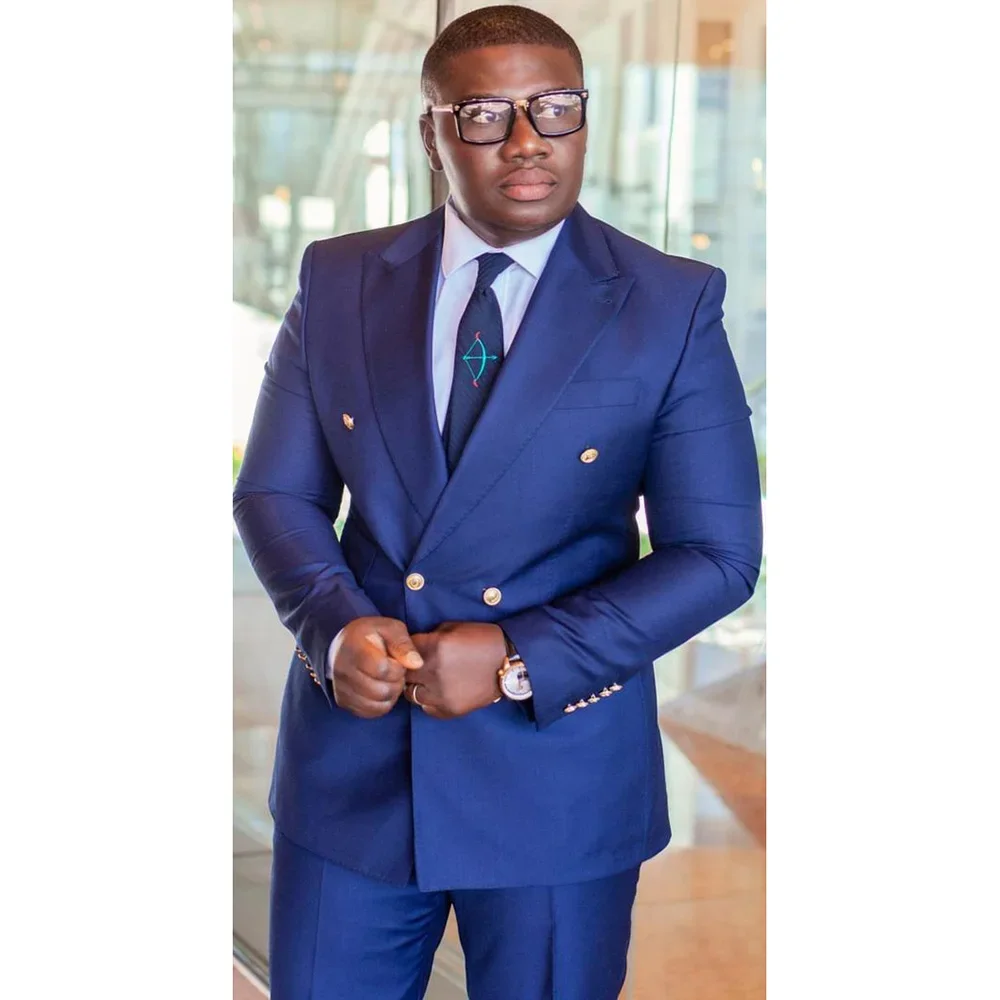 Tailor Double Breasted Blue Men's Suits Peak Lapel Formal Business Outfits Sets High Quality 2 Piece Jacket Pants Costume Homme