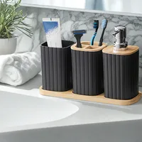 Bathroom Set Soap Dispenser Toothbrush Cup and Bamboo Tray Set Countertop Toiletries Storage Set for Farmhouse Bathroom Decor 2