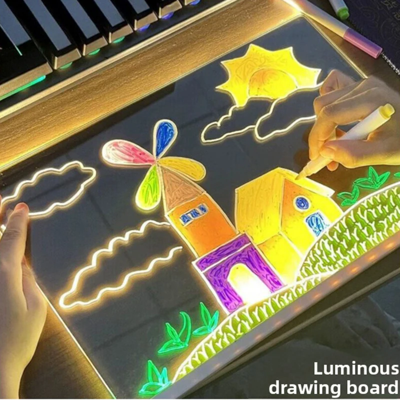 Giocattolo da disegno per bambini Tavolo da disegno a LED Lavagna per appunti a LED Lavagna acrilica fai-da-te con penne colorate Lavagna luminosa Wordpad con luce notturna - immagine 2