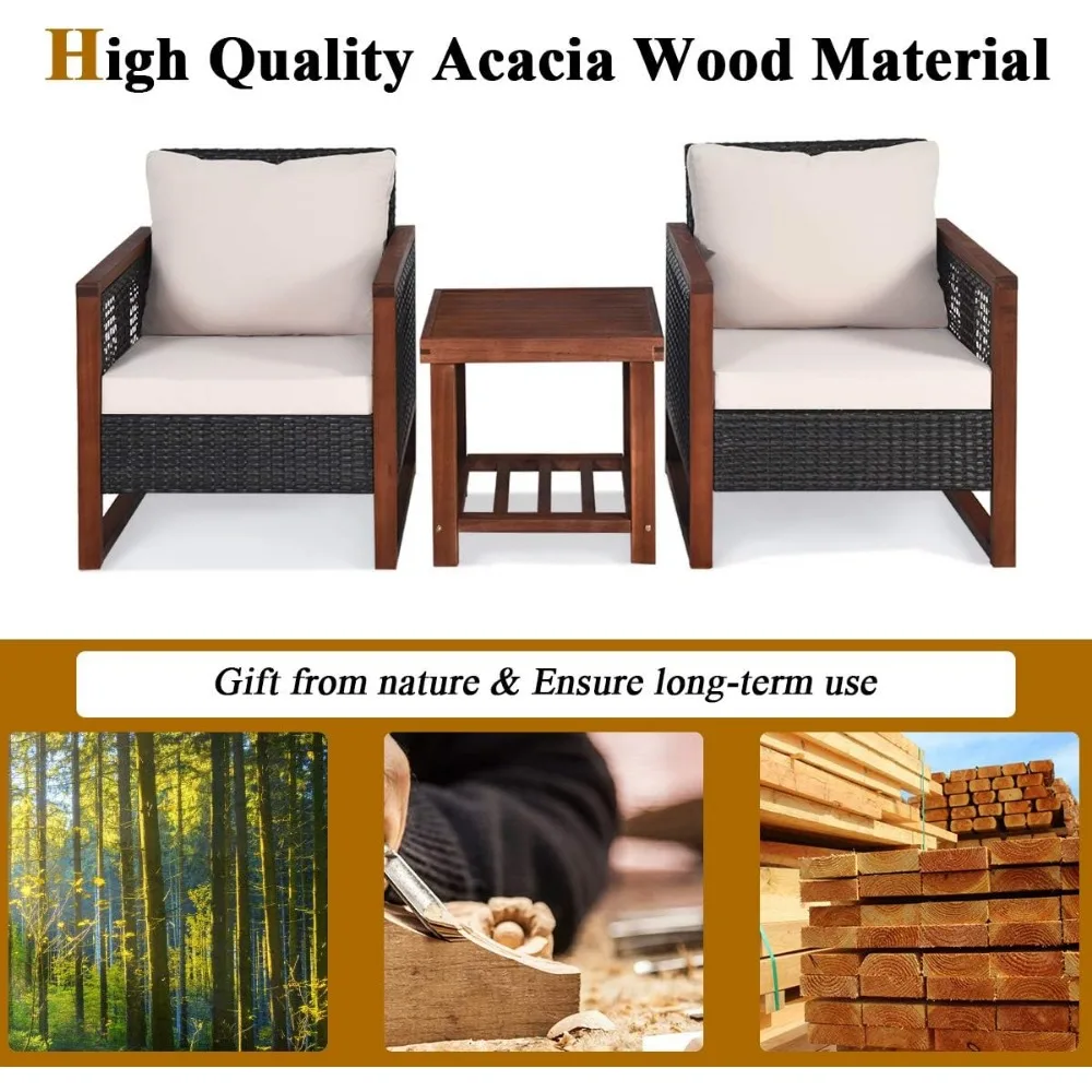 3 Pieces Patio Wicker Furniture Set, Rattan Outdoor Sofa Set w/Washable Cushion & Acacia Wood Coffee Table, Conversation Bistro