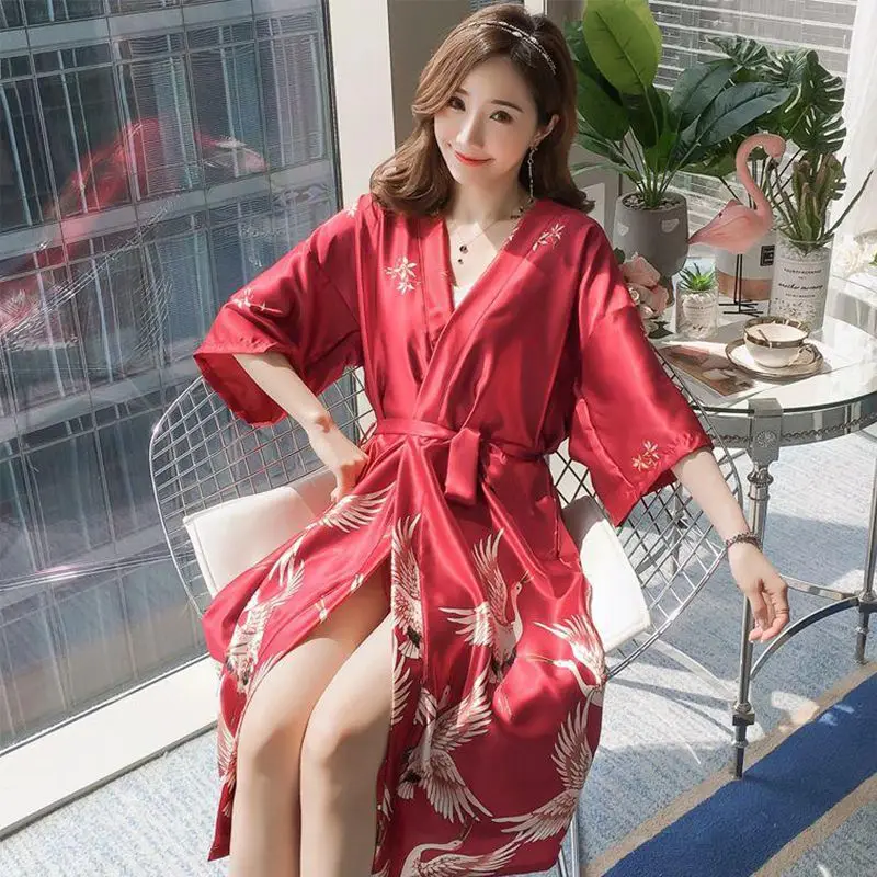 2pcs Women's Nightgowns Ice Silk Sexy Nightdress Sling Dress Home Dressing Gowns Spring Autumn Robe Sleepwear Nightwear Pajamas