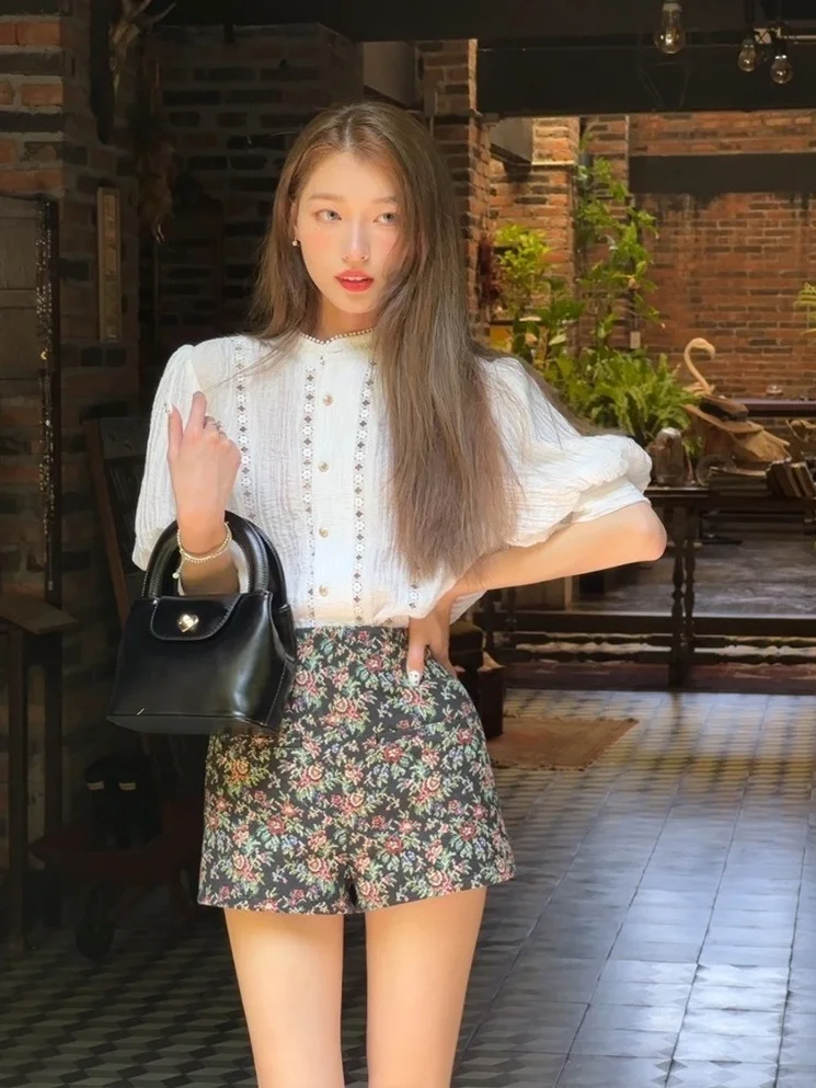Summer Tea Versatile Internet Celebrity French Kikyu Rich Family Thousand Gold Small Fragrance Shirt Shorts Two Piece Set