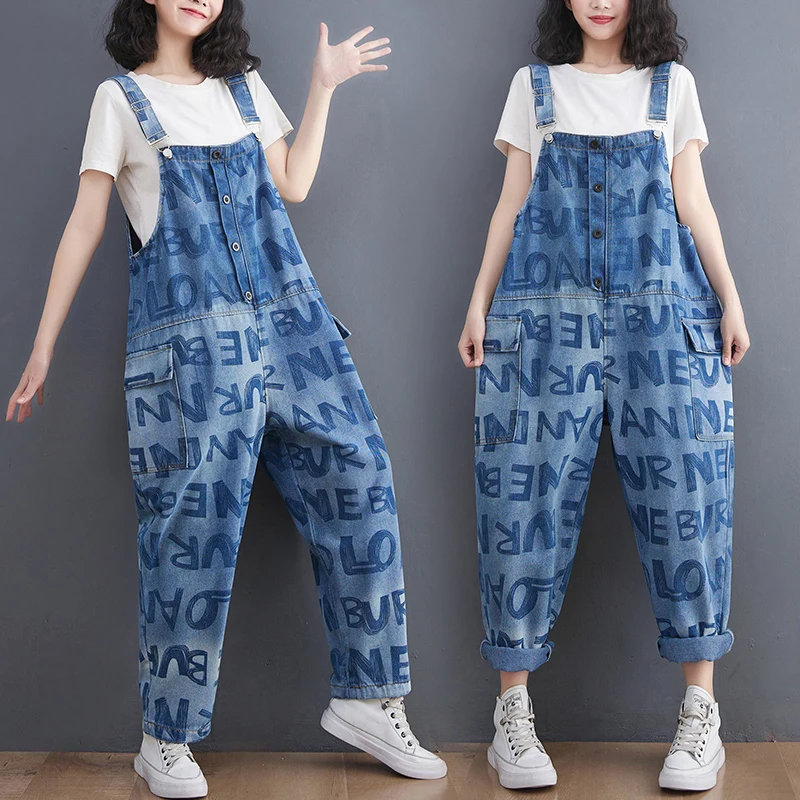 

Streetwear 2023 Suspenders Literary Letters Printing Jeans Overalls Harem Pants Fashion Pocket Washed Denim Jumpsuits Rompers