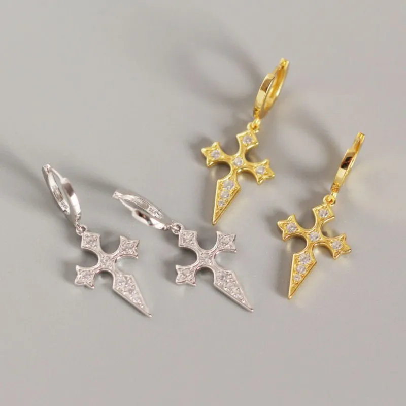 Silver Color Rhinestone Cross Pendant Hoop Earrings for Women Men Awesome Hiphop Earring Party Jewelry Gifts Wholesale