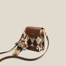 

Dave&Di 2022 New Fashion Vintage Leather Patchwork Plaid Bag French One Shoulder Small Square Bag Women Texture Messenger Bag
