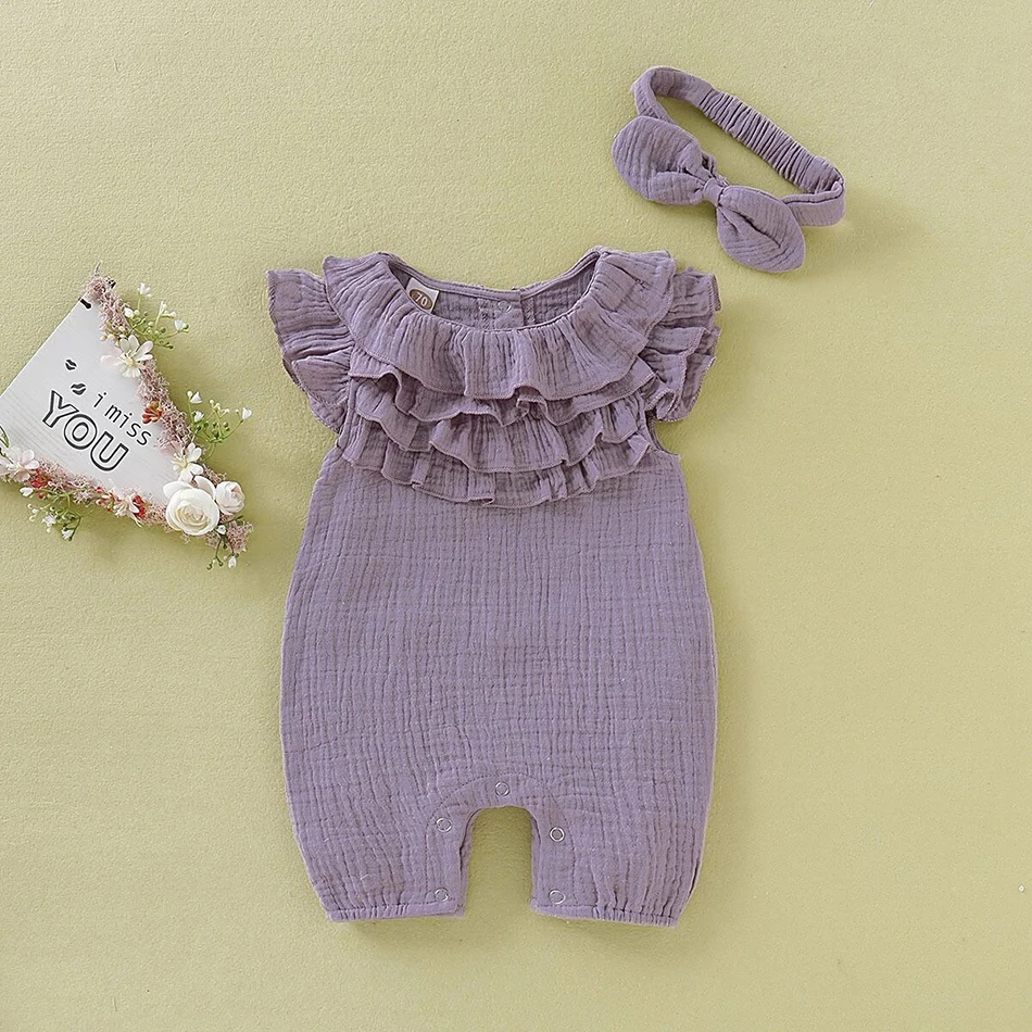 Baby Bodysuits medium Summer Baby Girls Romper + Headband Cotton Linen Ruffles Sleeveless Infant Rompers Newborn Baby Clothes Warm Baby Bodysuits 