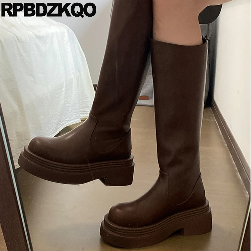 

Thick High Sole Round Toe Women Riding Zip Up Brown Heels Waterproof Long Boots Fall Chunky Knee Tall Shoes Platform Equestrian