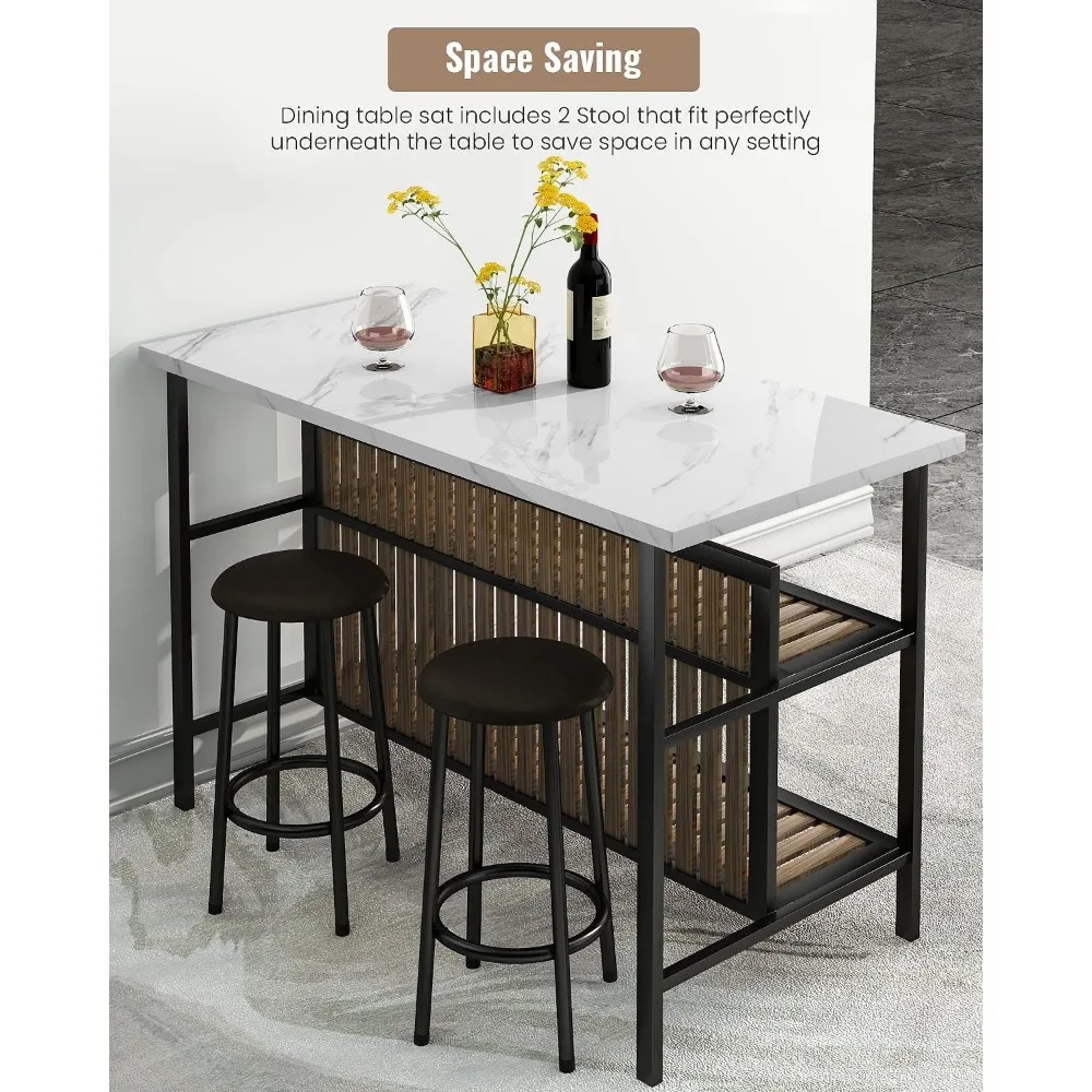 Kitchen Island with Seating & Storage Shelf, Faux Marble Island Table for Kitchen, Modern Bar Table and Chairs Set for 2,Dining 5