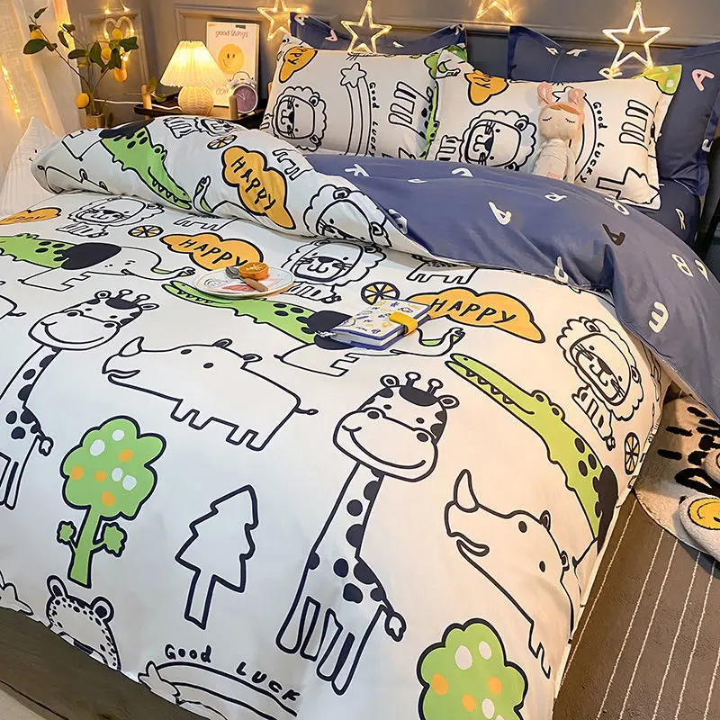 Home Textile Dyeing Linens Cartoon Print Duvet Cover Adult Kids Quilt Cover Single Double Queen AB Version Double-sided King 