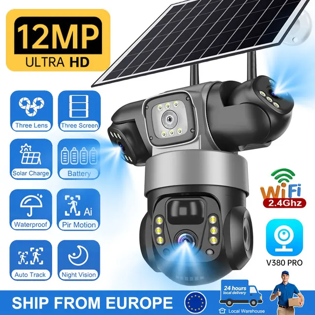 Caméra IP solaire WiFi extérieure 12MP Triple objectif Vidéo CCTV Surveillance Vision nocturne Détection humaine sans fil Caméras V380 Pro 1