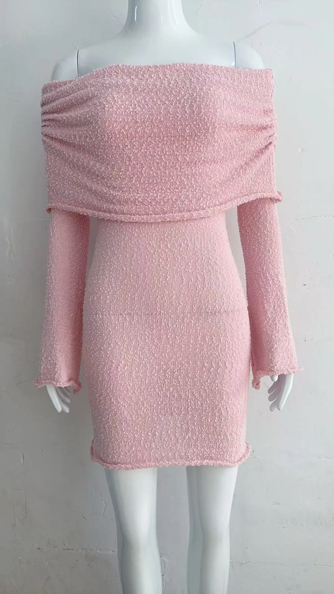 2025 Sexy Slash Neck Ruffle Bodycon Party Dress Summer Autumn Women Long Flare Sleeve Thin Hollow Out See-throught Mini Dresses