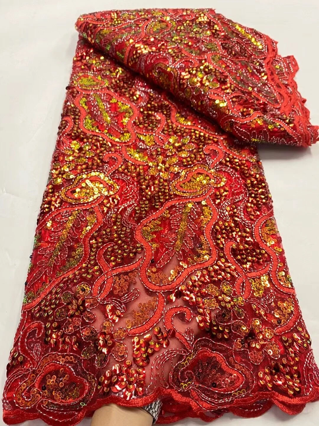 

2024 Latest High Quality African Nigerian Tulle Damask Lace Fabric Embroidery Party Dress Sequins Cotton Cloth 5yards DP0108