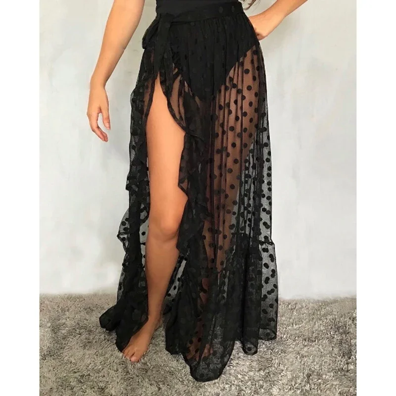 Combhasaki Womens Mesh Sheer Beach Holiday Ruffled Sunscreen Bikini Cover Up Wrap Belted Bow knot tied Long Skirt Summer Holiday swimsuit cover up swimsuit coverup fishnet cover up sunscreen shawl