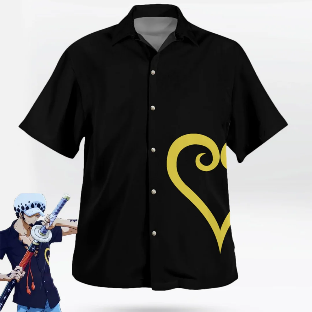 One Piece Trafalgar Law Zou Arc Cosplay Knopfleisten-Schwarzes Hemd Sommer Freizeit Herren T-Shirt Kinderkleidung Tee Y2k Damen