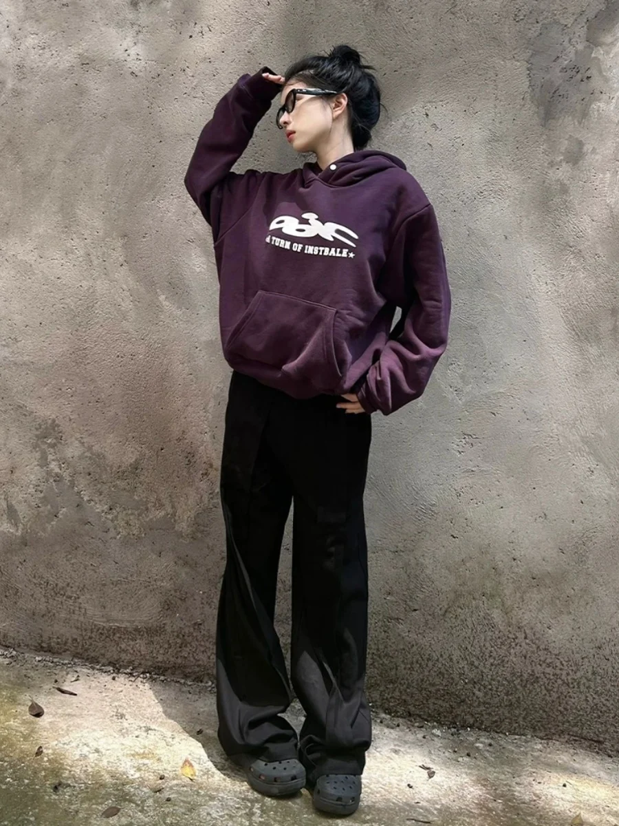 American Vibe Style Purple Hooded Sweatshirt Women's Spring And Autumn Graffiti Letter Design Hoodies Women Loose Top Fashion