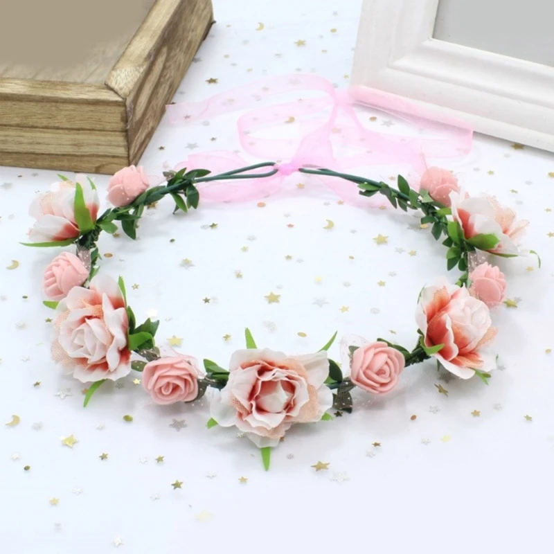 Hair Accessory Hair Clip Hair Headdress Bridal Headwear Hair Band Crown Women Rose Flower Headband Adjustable Ribbon Wreath Crown Floral Wedding Hair Garland For Activities Party