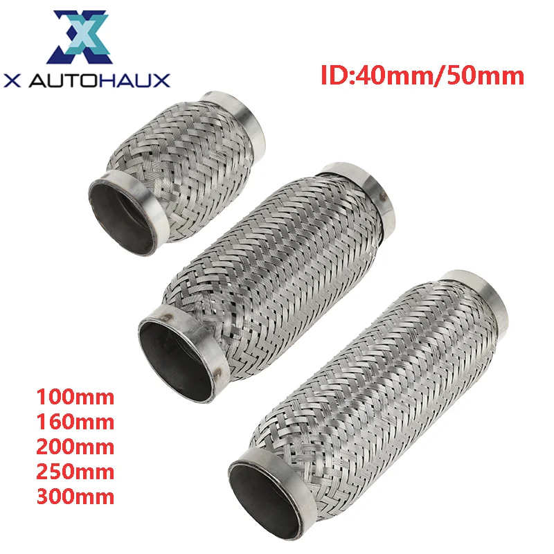 Exhaust Pipe Connector X Autohaux 100/160/200/250/300mm Car Exhaust Tube ID 45/50mm Universal Flexible Braided Exhaust Pipe Stainless Steel