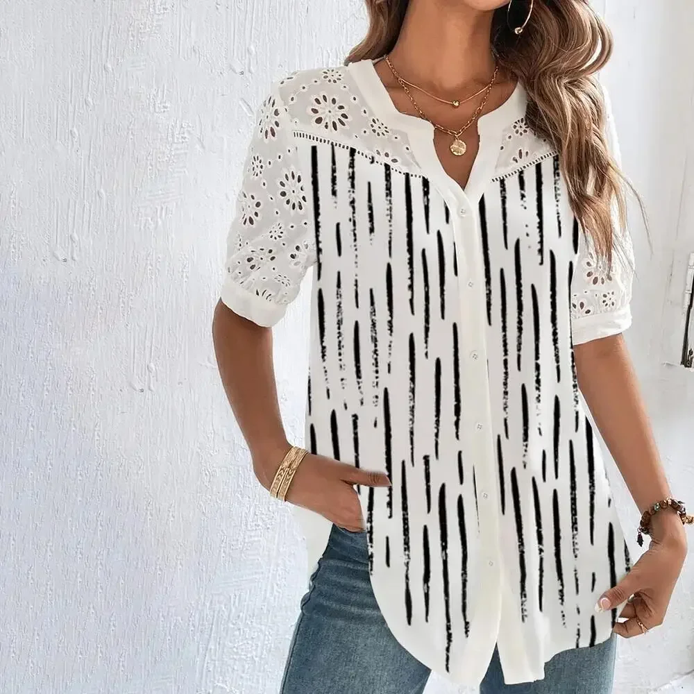 New Temperament Casual Lace Woman Shirt Fashion Loose Shirt Woman Elegant Short Sleeve Blouse Holiday Weekend  Tops Women 2021