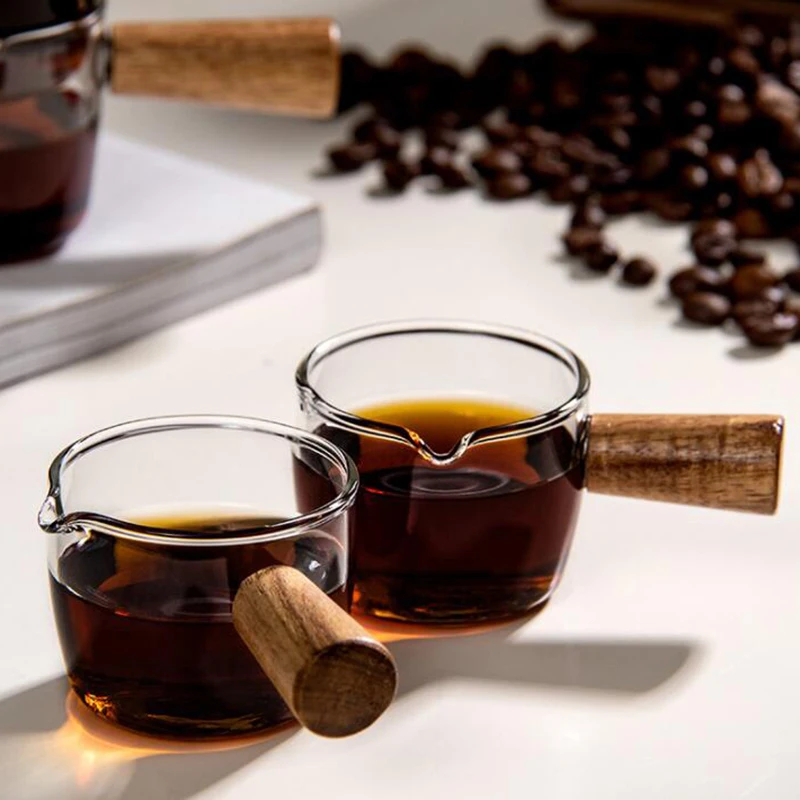 Wood Handle Glass Espresso Measuring Cup 50ml 80ml 100ml Double/Single Mouth Milk Jug Coffee Supplies Clear Kitchen Measure Mug measuring cup,coffee extraction cup