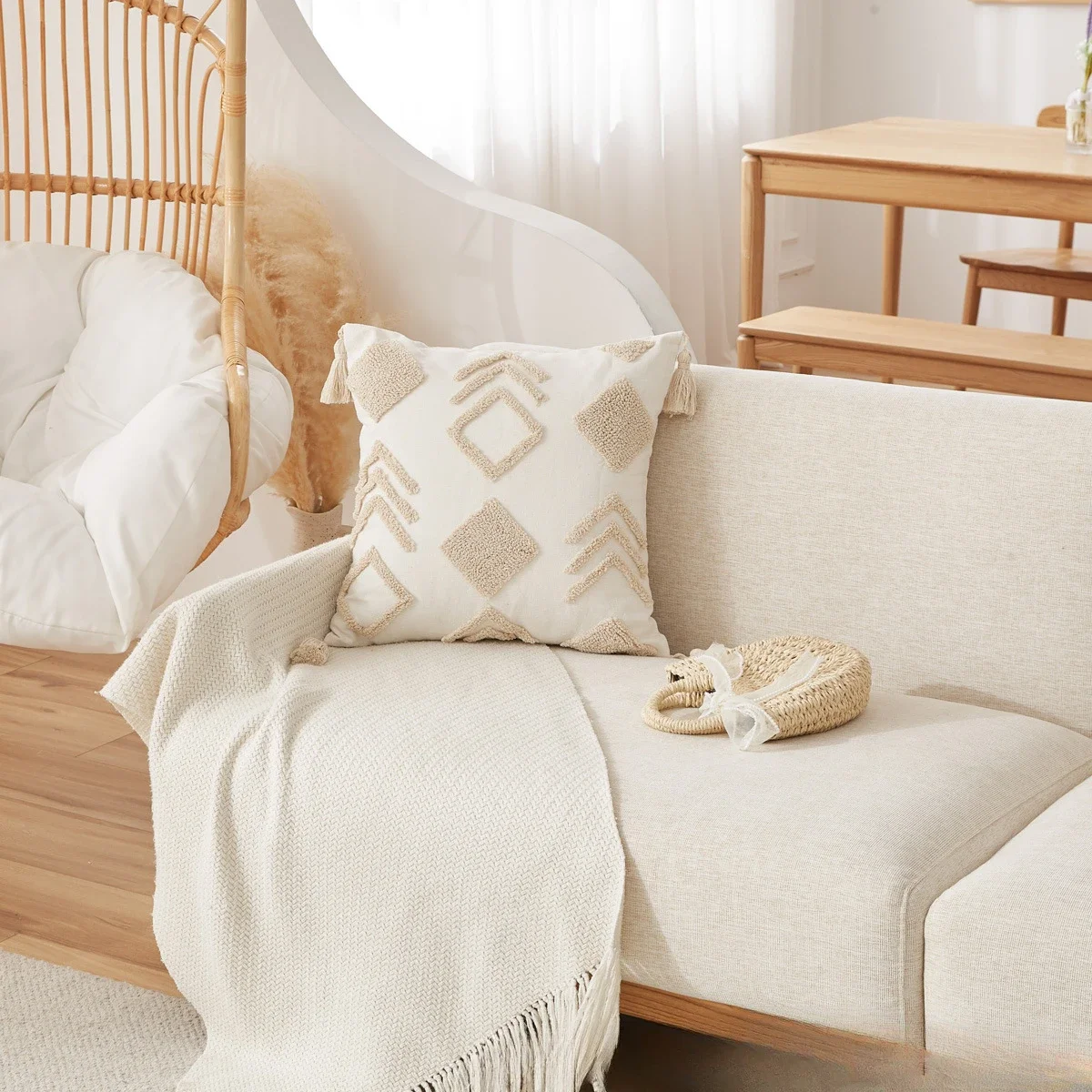 BohemianPillowcaseGeometricTuftedPillowCoverSolidTasselCushion