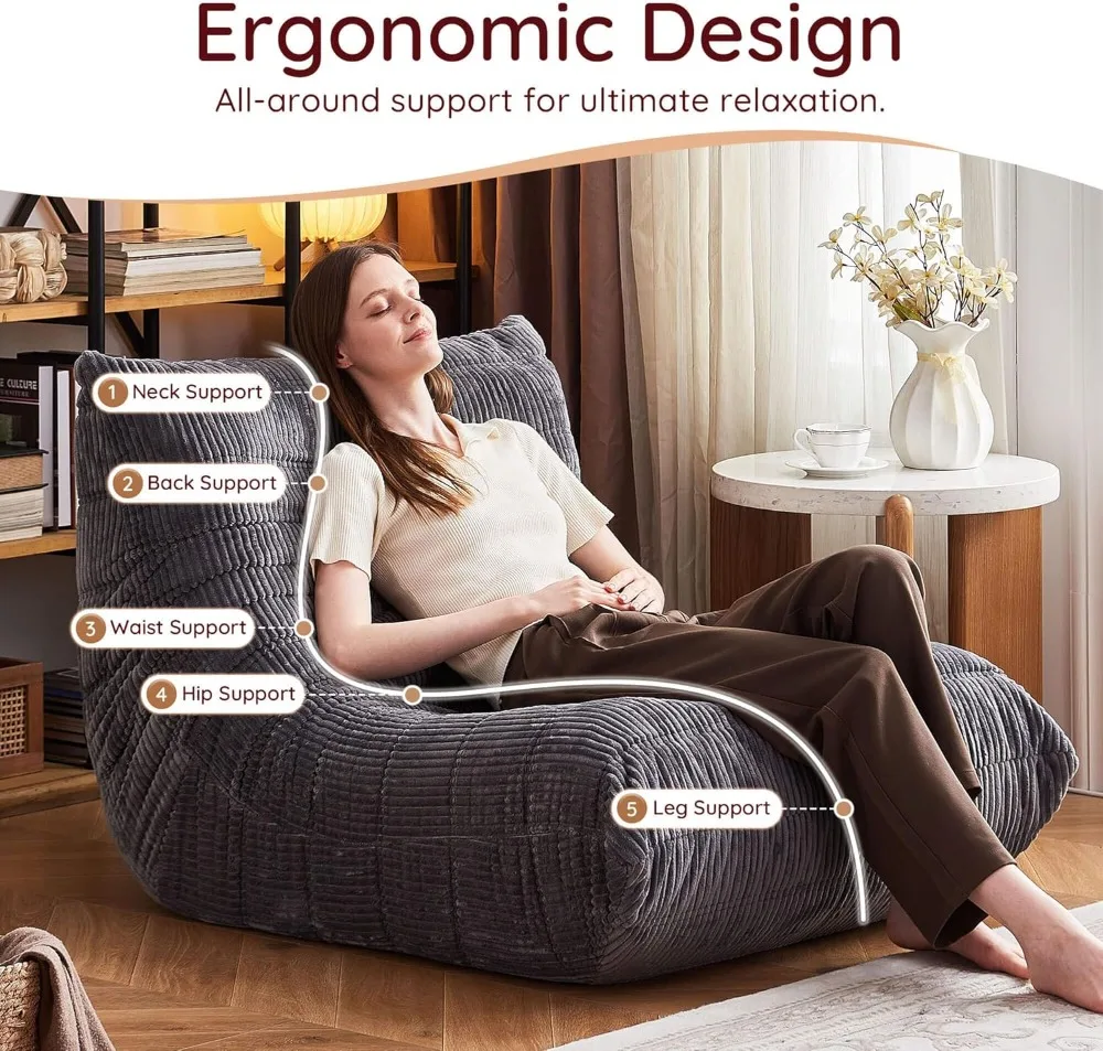 Large Memory Foam Bean Bag Chair, Corduroy Floor Sofa for Adults, Anti-Slip Base, Grey
