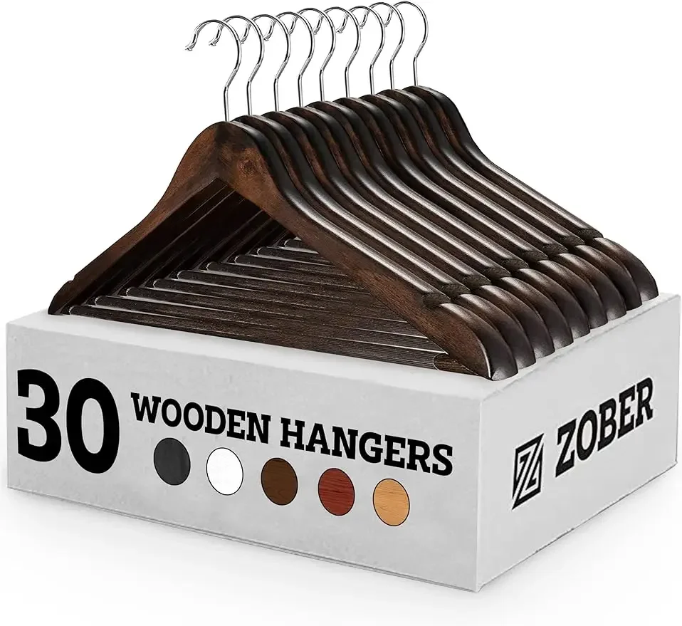 

Wooden Hangers 30 Pack - Non Slip Wood Clothes Hanger for Suits, Pants, Jackets w/Bar & Cut Notches