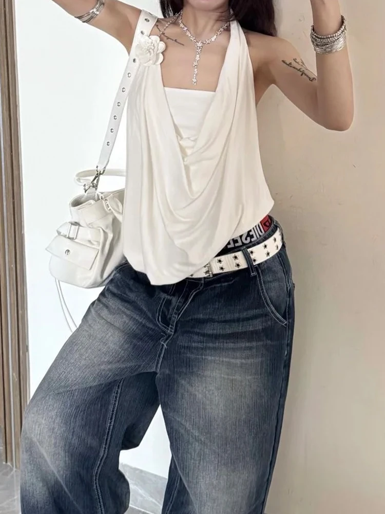 Nibber Sweet Two Tops Mini Wrap+Swing Collar Chain Halter Sexy Backless Sleeveless 3d Flowers Daily Summer Trend Commute Outfits