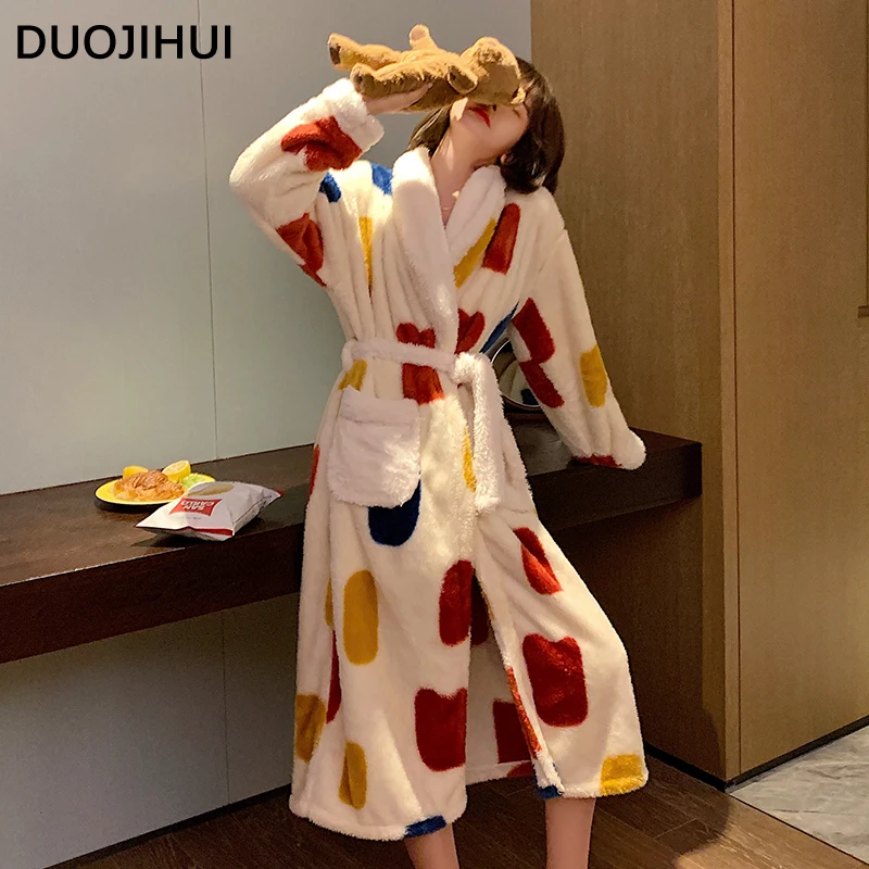 DUOJIHUI Fashion Polka Dot Chic Belt Slim Waist Female Night Gown New Loose Simple V-neck Long Sleeved 15-colors Sleepwear Women