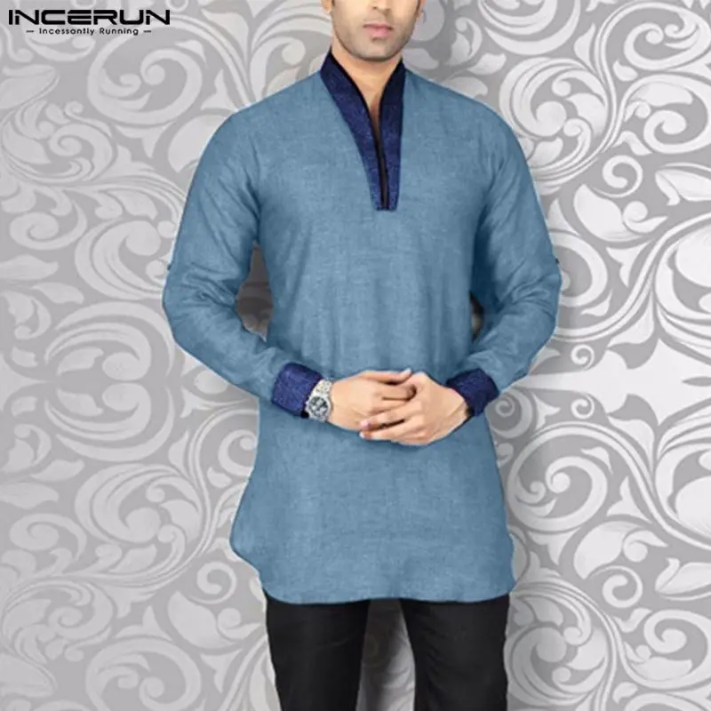 

2023 Men Muslim Shirts Patchwork V Neck Long Sleeve Vintage Men Clothing Islamic Arabic Casual Male Shirt Kaftan S-5XL INCERUN