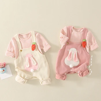 AYNIGIELL مجموعة ملابس الأطفال للربيع والخريف على شكل أرنب كرتوني بعمر 0-3 سنوات للأطفال بأكمام طويلة، سروال بحزام طقم مكون من قطعتين 2