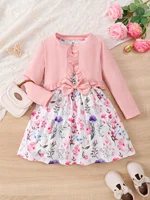 Ensemble de robes 2 pièces pour filles de 4 à 7 ans, pardessus tricoté solide + robe florale sans manches avec ceinture, vêtements de princesse de Style photographie 1