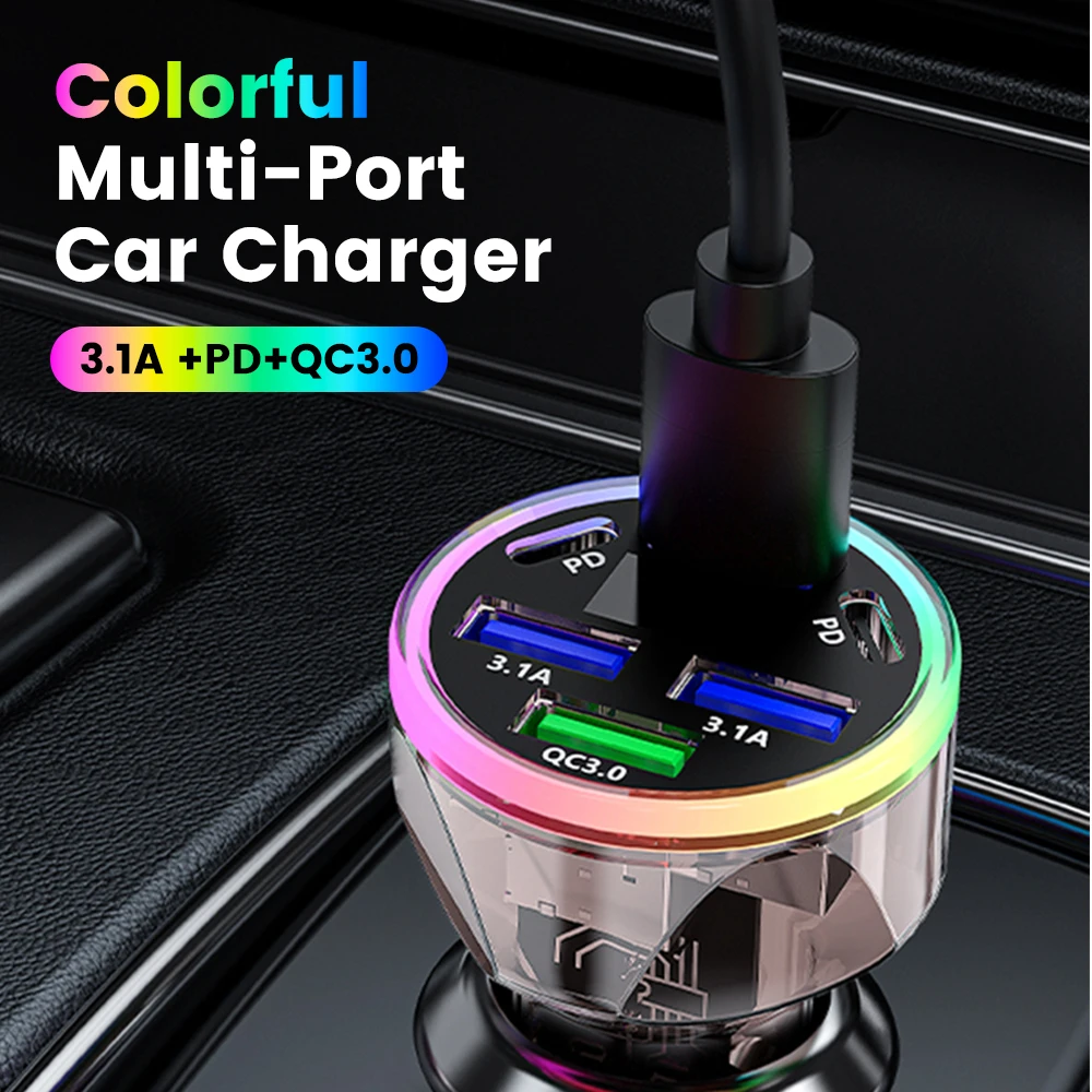 200W 2 Type C+4 USB Ports Car Charger PD QC 3.0 Super Fast Charging Voltage Monitor Colorful Light Universal Car Phone Charger,phone charger,car charger,phone charger adapter,car phone charger