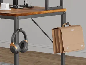 computer desk with metal hooks for headphones and small items